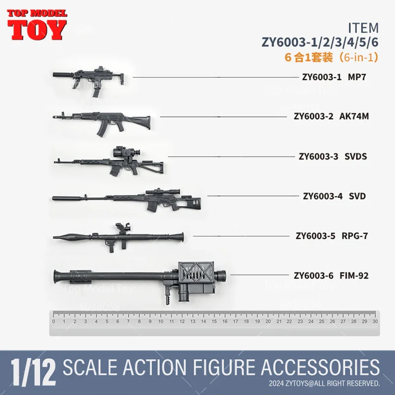 ZYTOYS ZY6003 1/12 Scale Black MP7/AK74M/SVDS/SVD/RPG-7/FIM-92 Weapon Set Model ABS Fit 6'' Soldier Action Figure Body Dolls