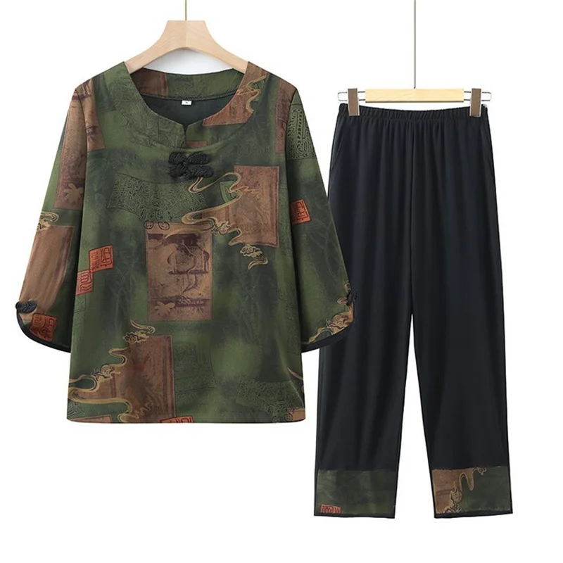 XL-6XL Pajamas For Women 3/4 Sleeve Trousers Sets Retro Spring Autumn Grandma Home Clothes Casual Middle Aged Mother Sleepwear
