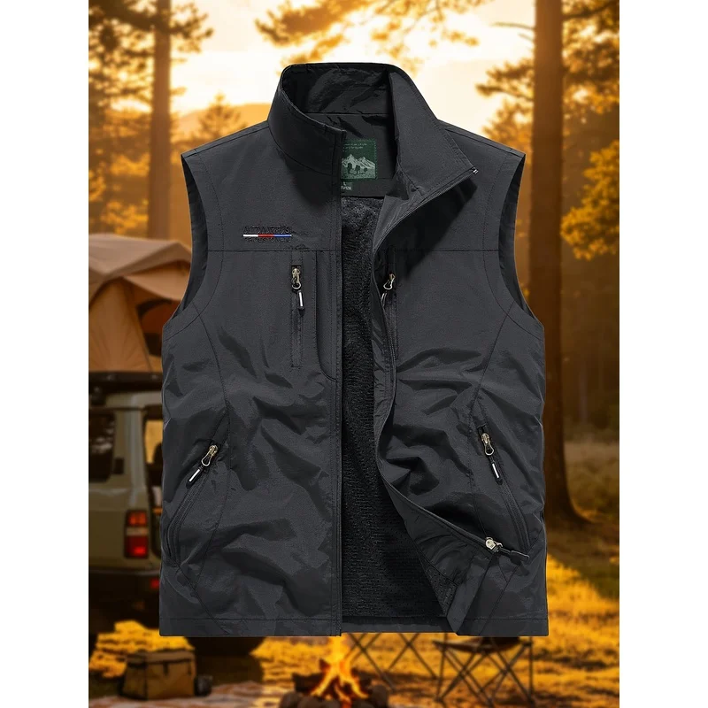 Fashionable Men's Vest Solid Color Multi Pocket Thin Loose Sleeveless Jacket Photography Outdoor Clothing Fishing Vest Plus Size