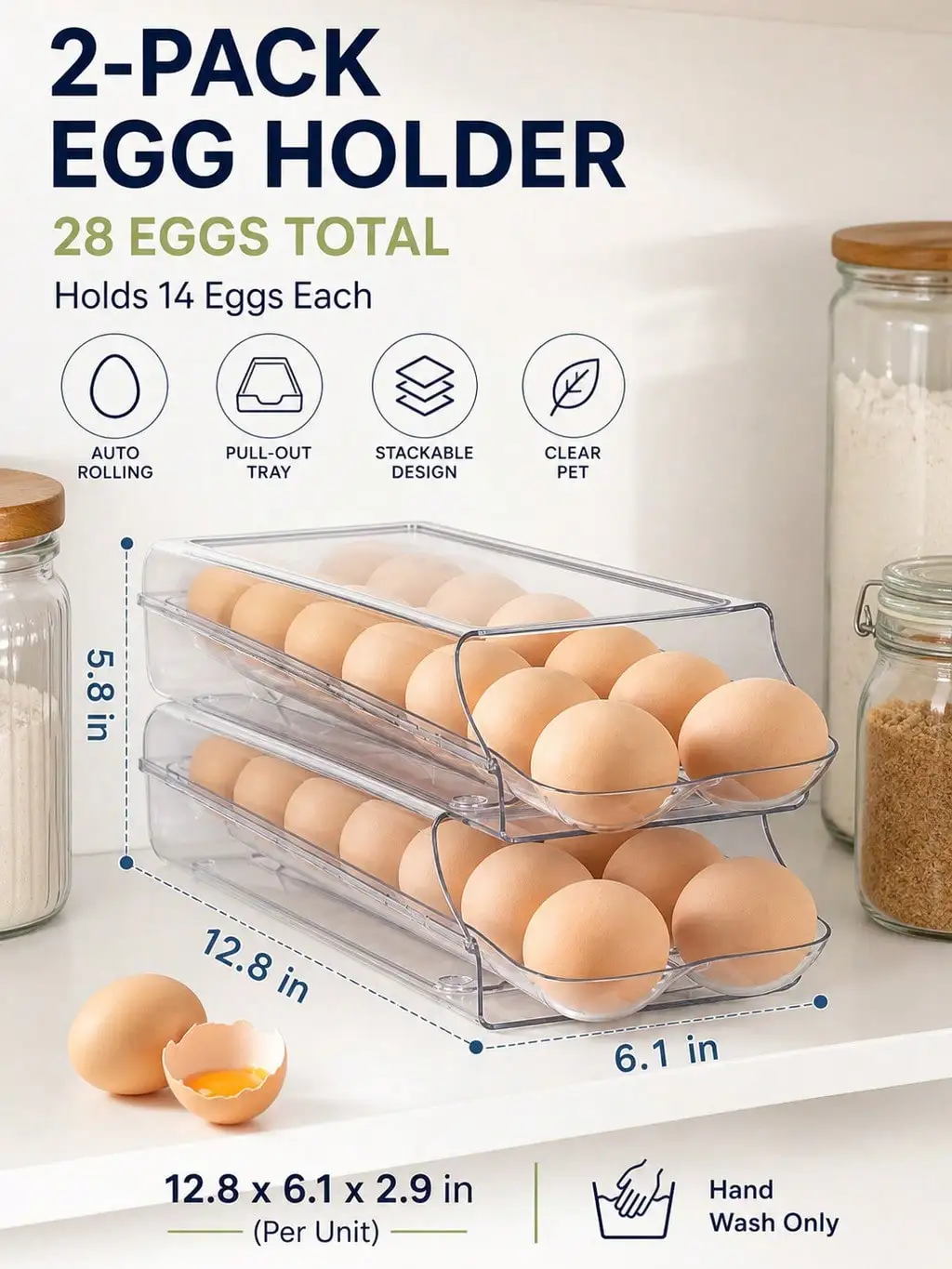2-Pack Clear Automatic Rolling Egg Holder, Stackable Fridge Drawer Organizer, 28 Eggs Total, Countertop Egg Storage