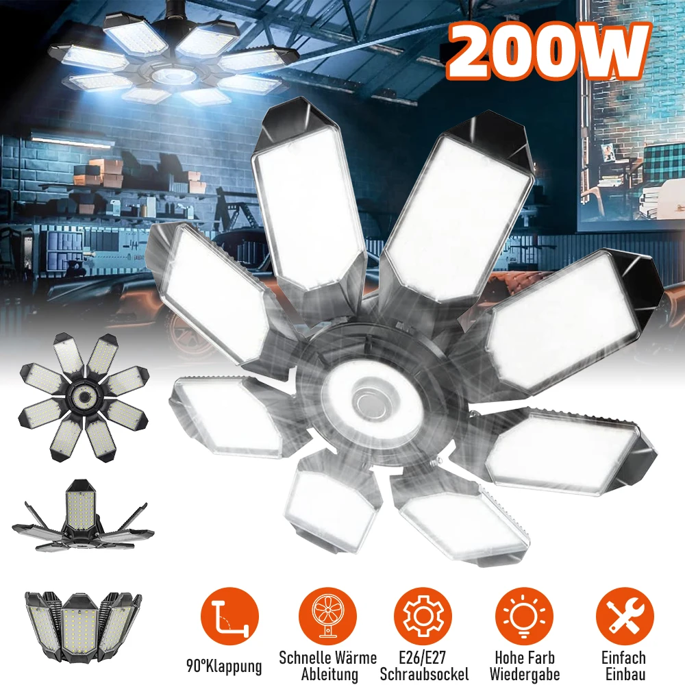 200W 408pcs LED Garage Light E26/E27 Ceiling Light with10 Adjustable Panels Foldable Garage Lamp for Workshop Industrial Fixture