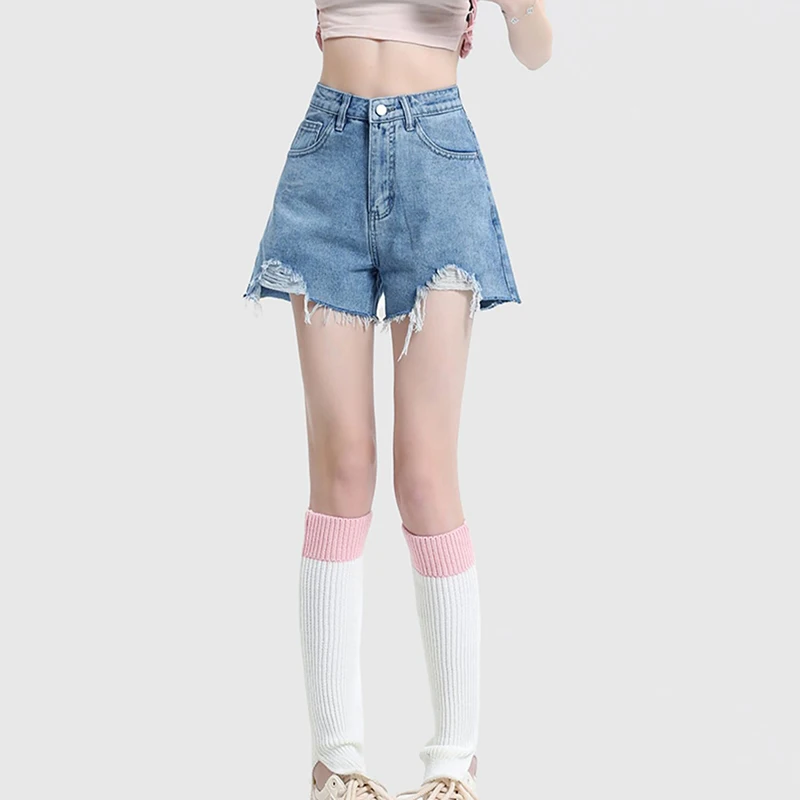 Summer Lady Streetwear Fashion Thin Jeans Girls High Waist Raw Edge Short Pants Female Classic Korean Solid Denim Shorts