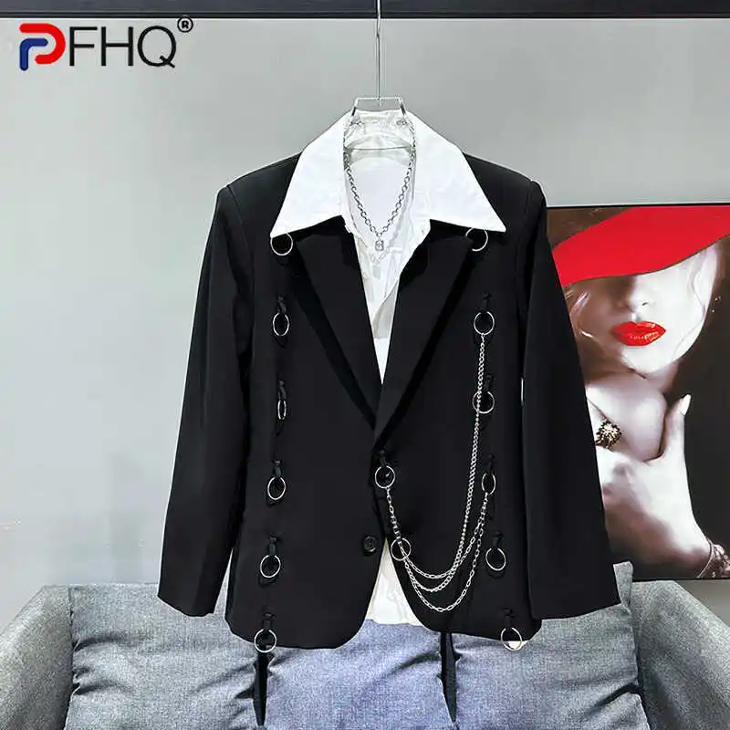 

PFHQ Men's Niche Design Suit Jackets Metal Chain Decoration Trendy Shoulder Pads Delicacy Temperament Summer Male Blazer 21Z4353