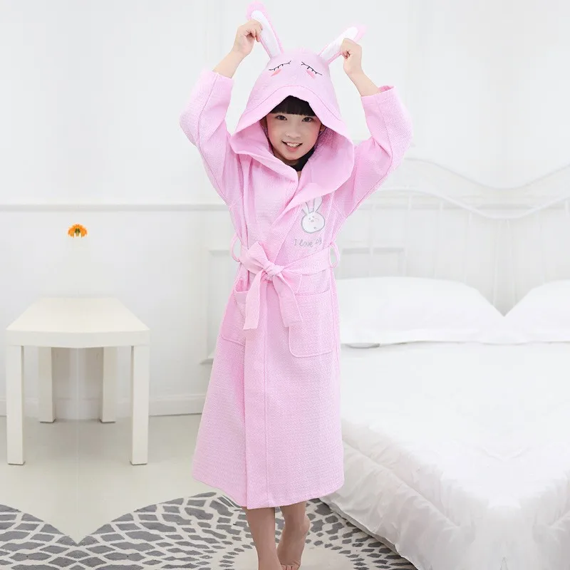 Wholesale Blue Pink White Long Sleeve Waffle Bath Robe Sleepwear Kids Children Hooded Bathrobe Summer Children Bathrobe