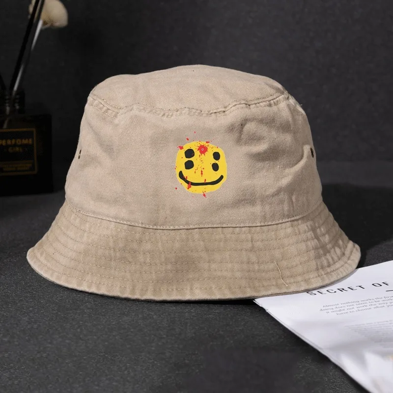 Vintage Washed Distressed Bucket Hat With Graffiti Smiling Face Art Print Logo Unisex Cotton Fisherman Cap Streetwear Sun Hats