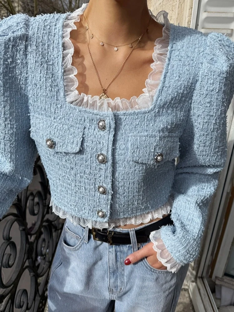 

Ele ort Lace Trimmed Patchwork Square Collar Single Button Women's Outerwear Faionable Commute Sle Autumn New Arrival