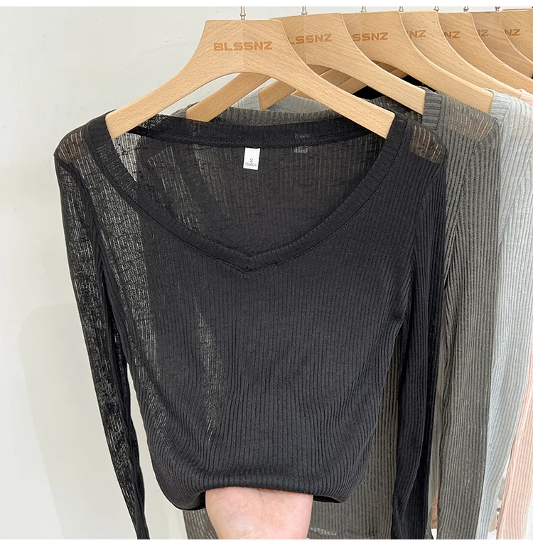 Zjaiss Damen T-Shirt mit V-Ausschnitt, Sonnenschutz, Langarm, Sommer 2026, Neuer Lazy-Style, Transparentes, Dünnes, Durchsichtiges Überwurf-Top – Detail 30
