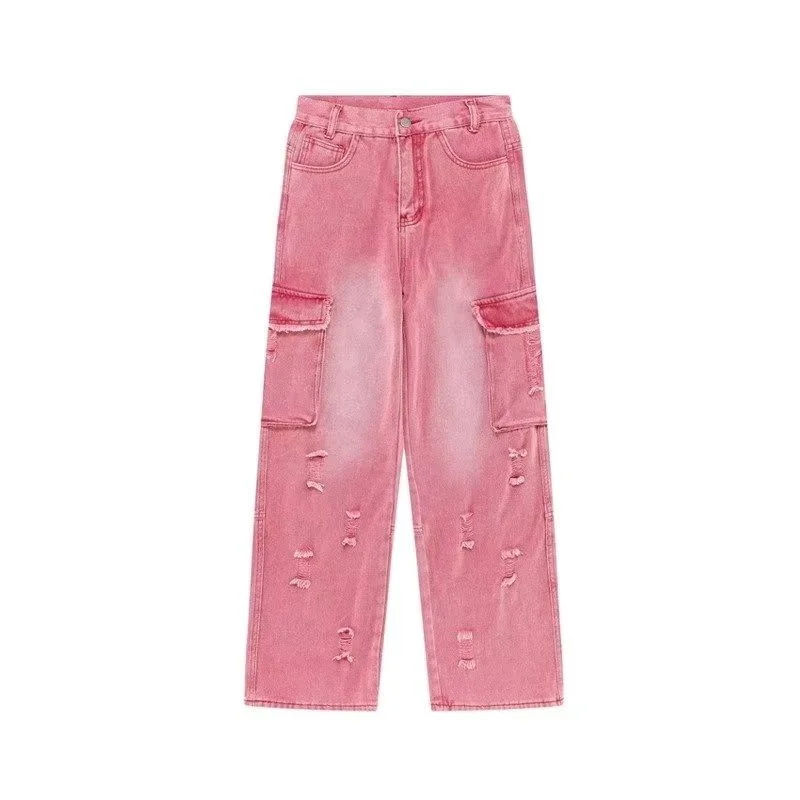 Imagem -02 - Calça Cargosa Rosa de Cintura Alta para Mulheres Calça Reta Y2k Calça Grunge Buraco Grunge Moda Lavada Feminina 2023