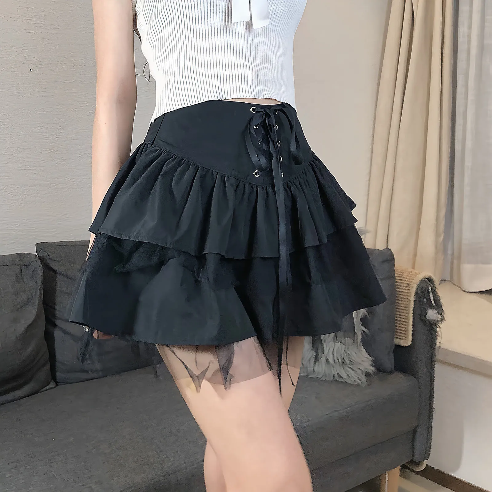 Summer Gothic Lace Cute High Waist Bandage Sexy Mini Skirt Lolita Ruffles Pleated Japanese Black A-Line Y2k Short Tutu Skirt 90s