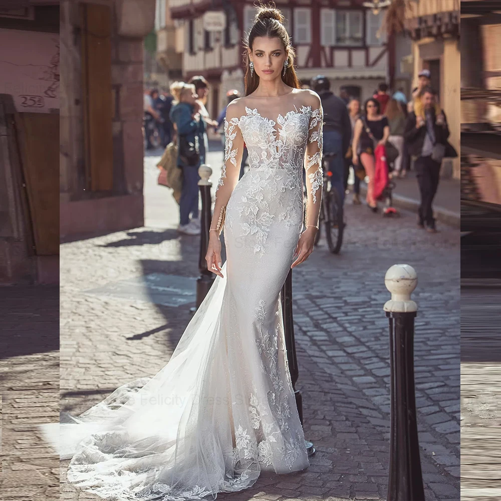 ANGEL Mermaid Lace Wedding Dresses Customized Illusion Back Long Bride Gowns Lace Applique Scoop Tulle Suknia ślubna 2025 civil