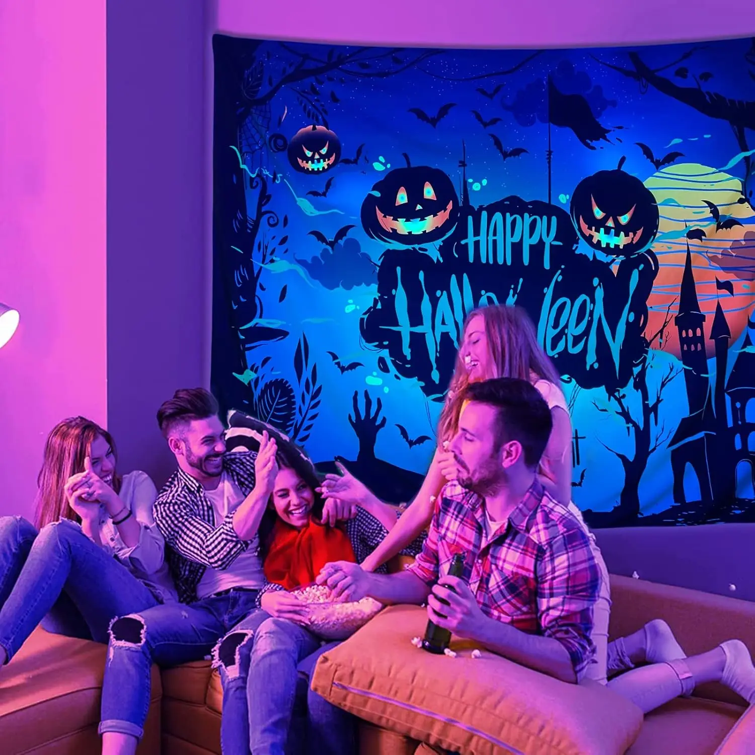 

VIKAMA Halloween Festival Tapestry Pumpkin Bat Castle Waterproof And Stain-Resistant Wall Decoration For Living Room And Bedroom