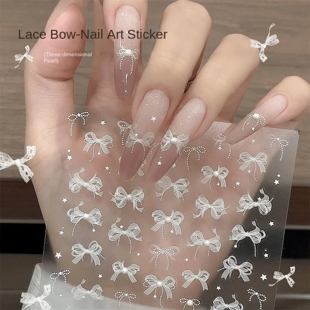 Embossed Design 5D Pearl Nail Stickers Ribbon Bow Wave Lines Lace Nail Decoration Rhinestones Butterfly Bowknot Nail Decals