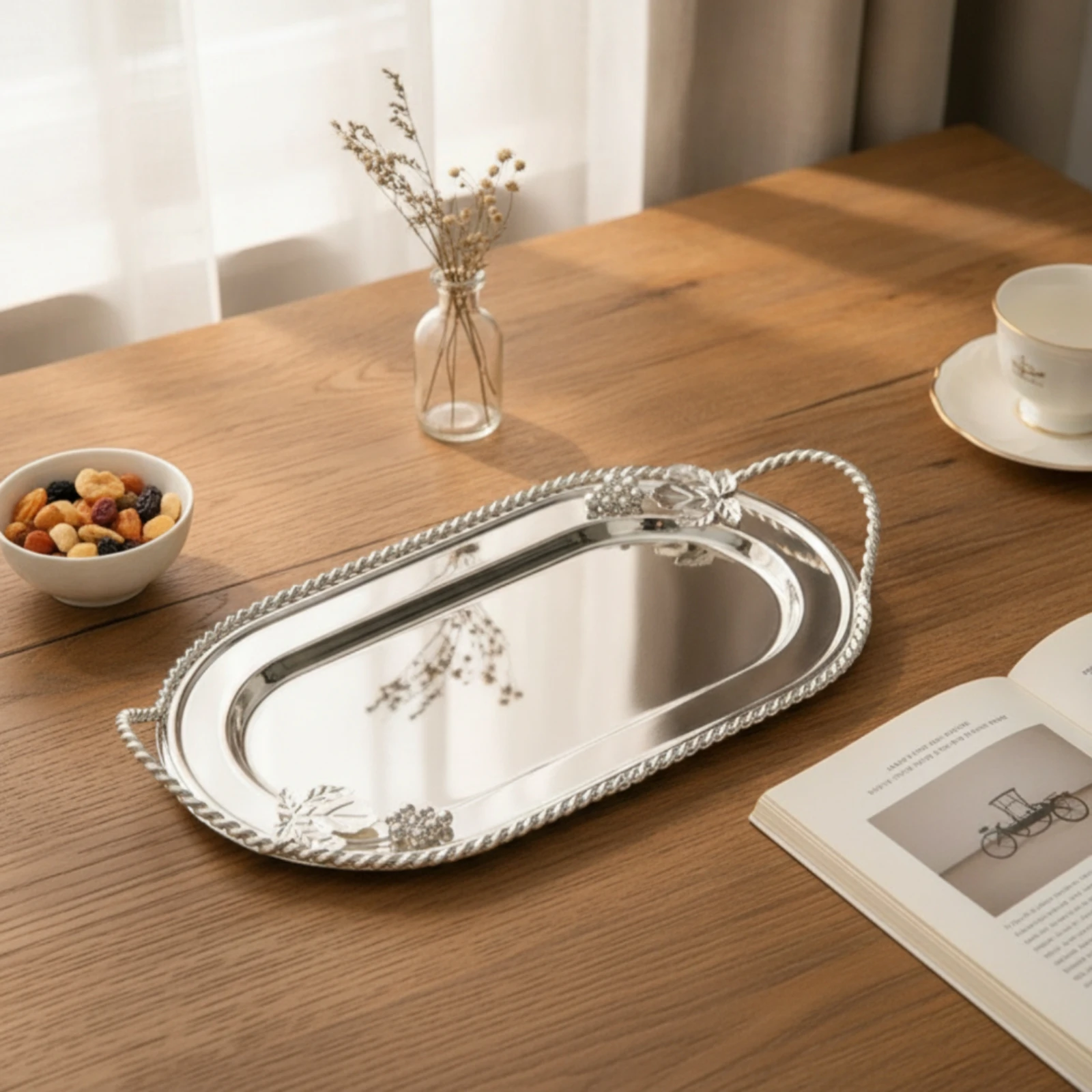Decorative Tray with Rope Border Silver-Toned Serving Platter Vanity Tray Oval-Rectangular Reflective for Hosts, Tea Service