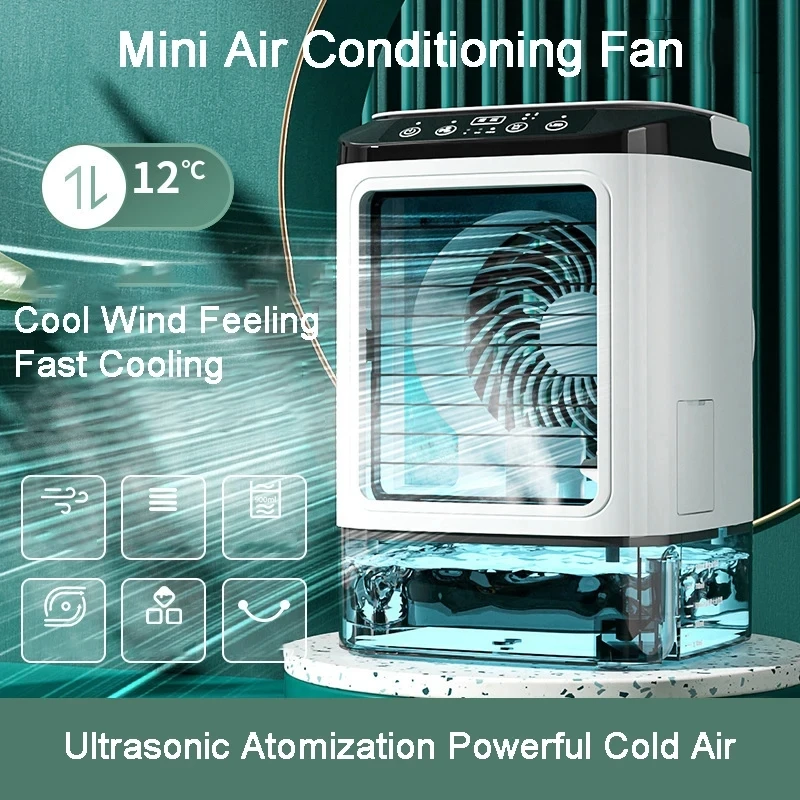 

Portable Desktop Air Conditioner Fan Dual Spray Ultrasonic Atomization 3-Speed Mute Air Cooler Night Light Electric Fan Home