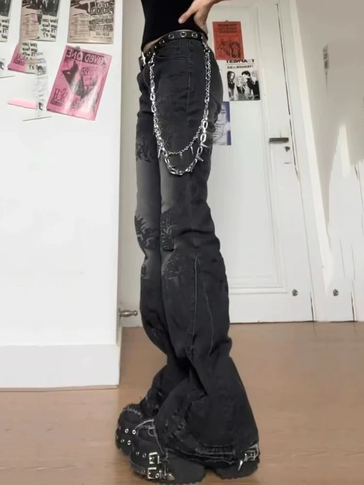 여성 빈티지 프린트 플레어 데님 팬츠 하라주쿠 스트릿 슬림 로우 웨이스트 고딕 아메리칸 Y2K 워싱 진 트라우저