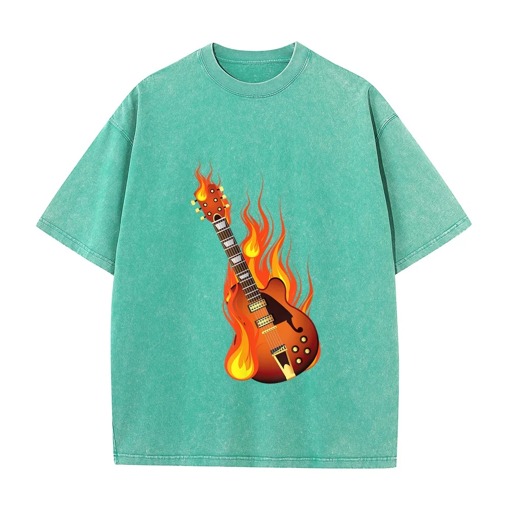 Burning On Fire Rock Guitar Heavy Metal Music Gift T-Shirt Roupas Masculinas Short Sleeved For Men Funny Quote Tee Summer Top