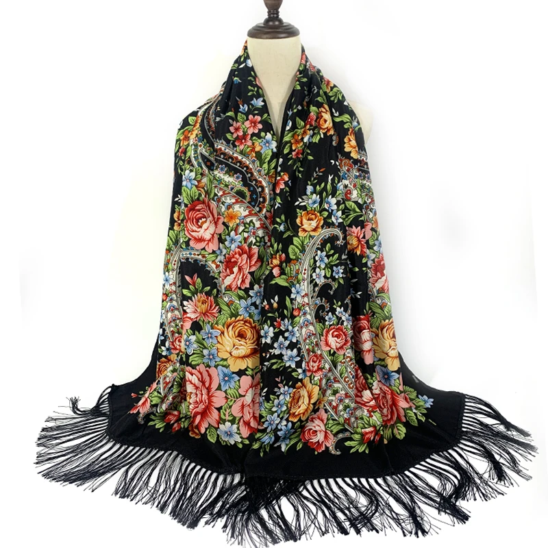 70*200cm Russian National Square Scarf Women Luxury Floral Print Bandana Scarves Ukrainian Fringed Shawl Babushka Head Wraps