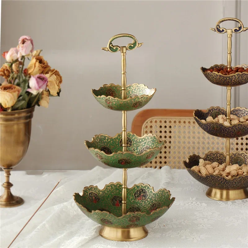 Brass Three-layer Tray Handmade Painted Enamel Ethnic Vintage Tray Snack Candy Storage Organizer Classical Crafts Home Decor