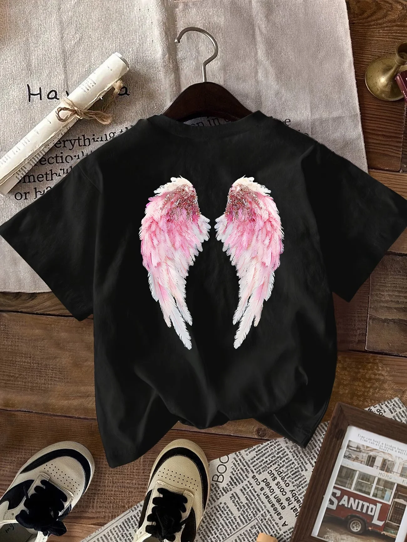Pink Glitter Angel Wings Graphic T-Shirt Aesthetic Fairycore Tee Summer Harajuku Streetwear Tops Women Men