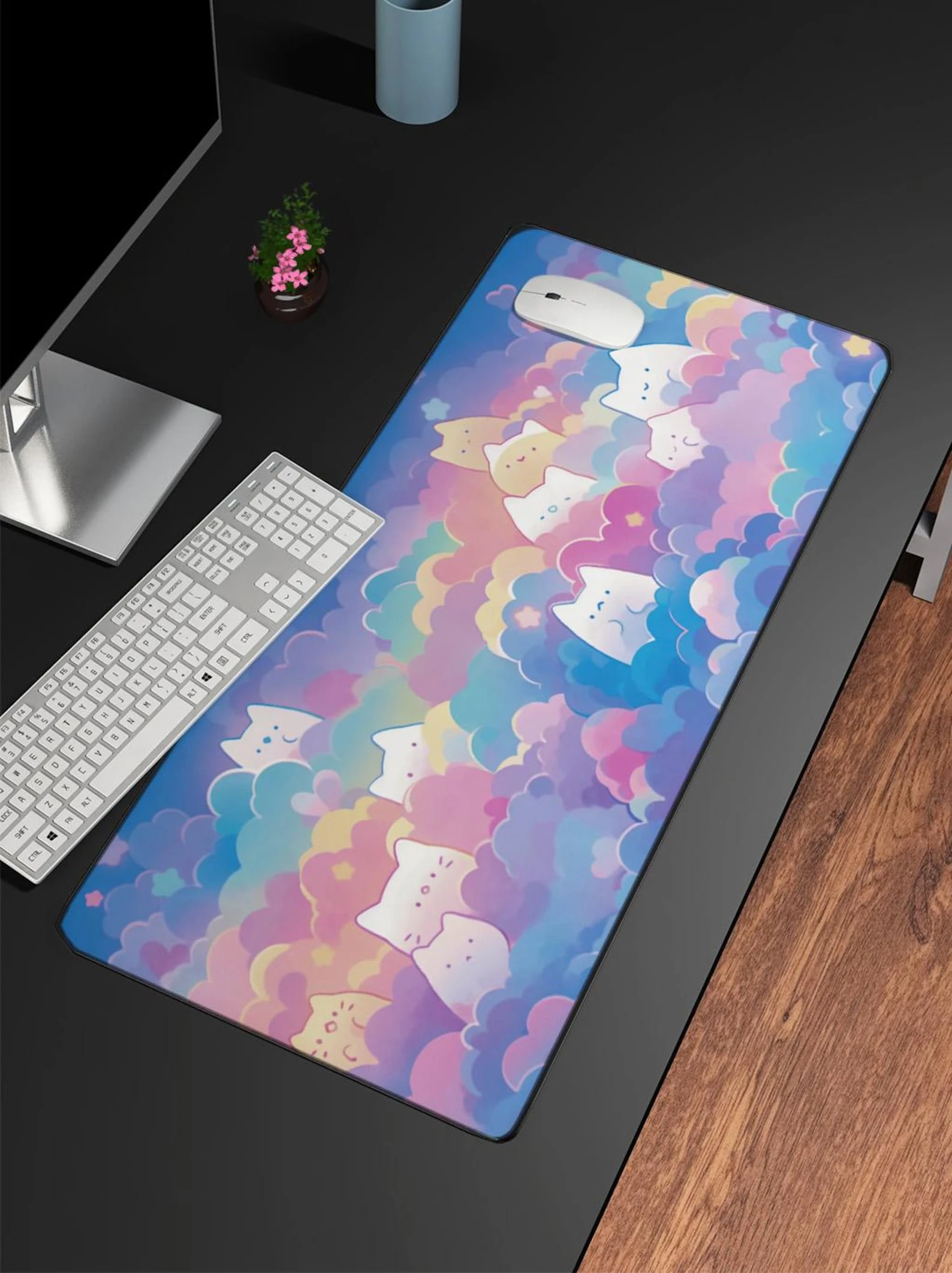 Cute Cats,Rainbow Pastel Color Kawaii Desk Mat,Cute Kitty Mouse Pad,Office Desk Accessories,Work From Home Decor, Cat Lover Gift