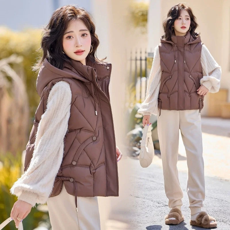 

Oversized Cotton Vests Sleeveless Coat Women 2025 New Autumn Winter Hooded Waistcoat Puffer Parkas Warm Down Cotton Outwear