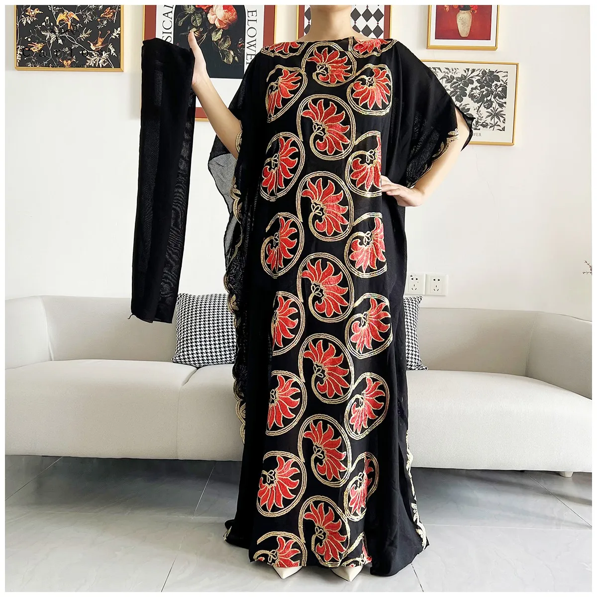 New Women Muslim Sequin Embroidery Long Black Lady Clothes Fashion New Arrival African Embroidery Flower Dresse With Scarf