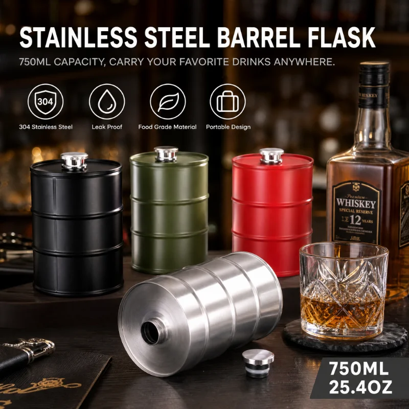 25OZ 750ML Hip Flask Vodka Oil Drum Shape Body 304 Stainless Steel Alcohol Liquor Wine Bottle Whisky Flagon Oil Barrel Jug
