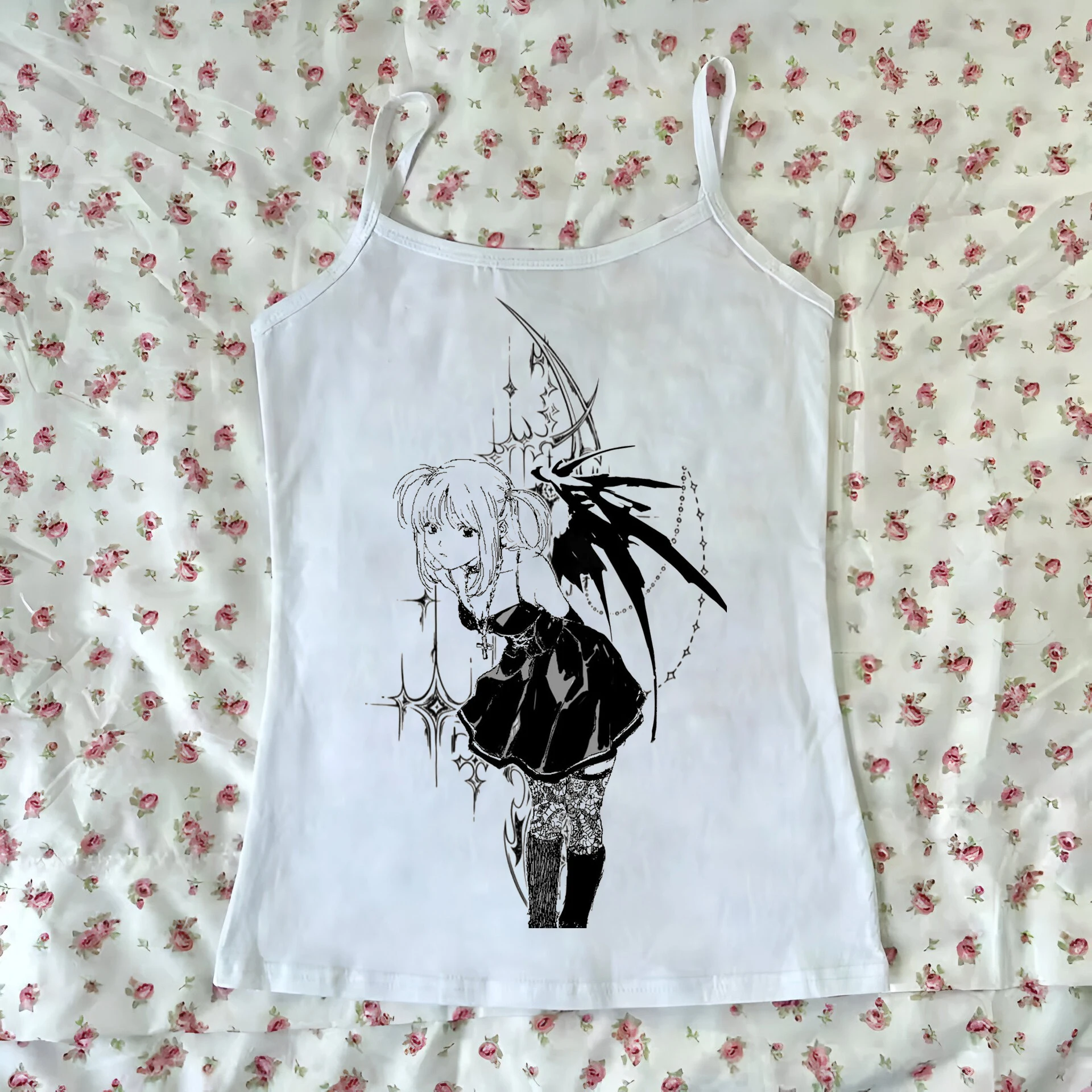 

Весенне-летний новый белый топ с принтом, простой повседневный универсальный топ с принтом Y2K, готический стиль, корейский Y2K