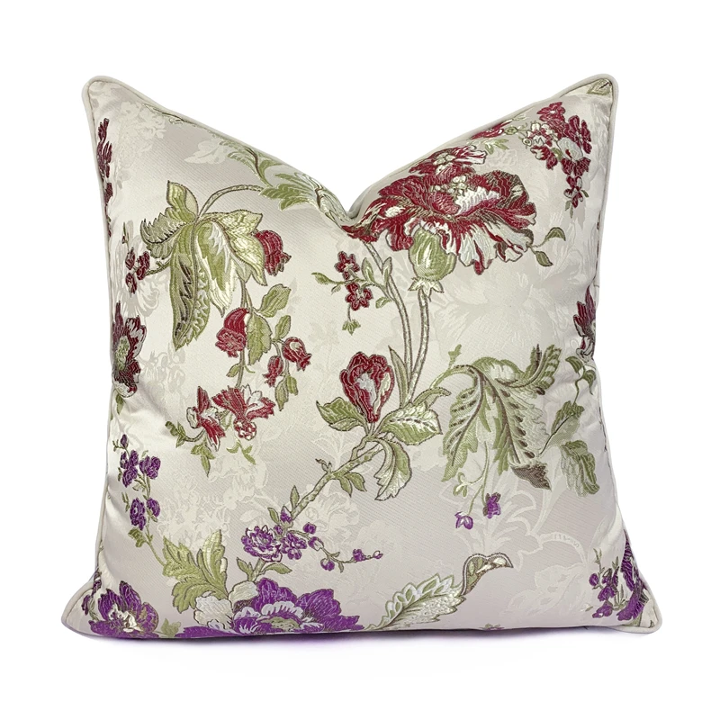 Funda de almohada decorativa para el hogar, funda de cojín de terciopelo tejido Beige y morado con flores de jardín, 18x18 pulgadas, paquete de 1 pieza