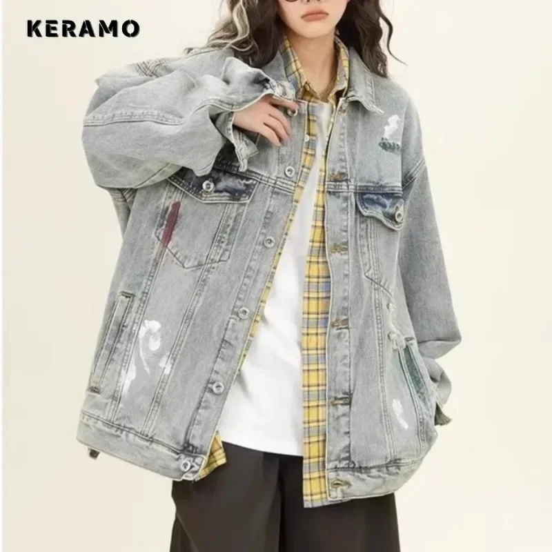 2024 Winter Korean Fashion Single Breasted Loose Y2K Coat Women's Casual Turn Down Collar Baggy Retro Ripped Denim Jacket