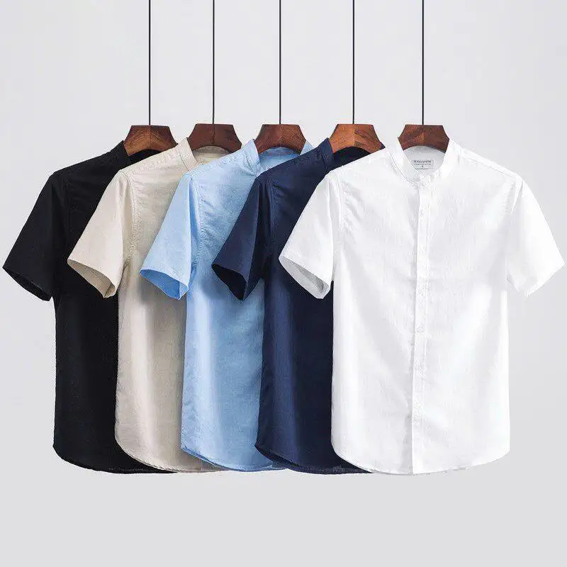 

Casual Japanese Style Linen Short Sleeve Shirt Men's Thin Breathable Cotton Linen White Shirt Slim round Neck Summer Top