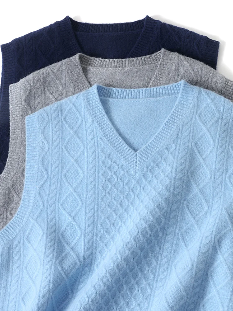 100% ميرينو الصوف الرجال الخامس الرقبة الخريف الشتاء سميكة الدافئة البلوز سترة موضة عادية محبوك سترة صوف من دون أكمام سترة