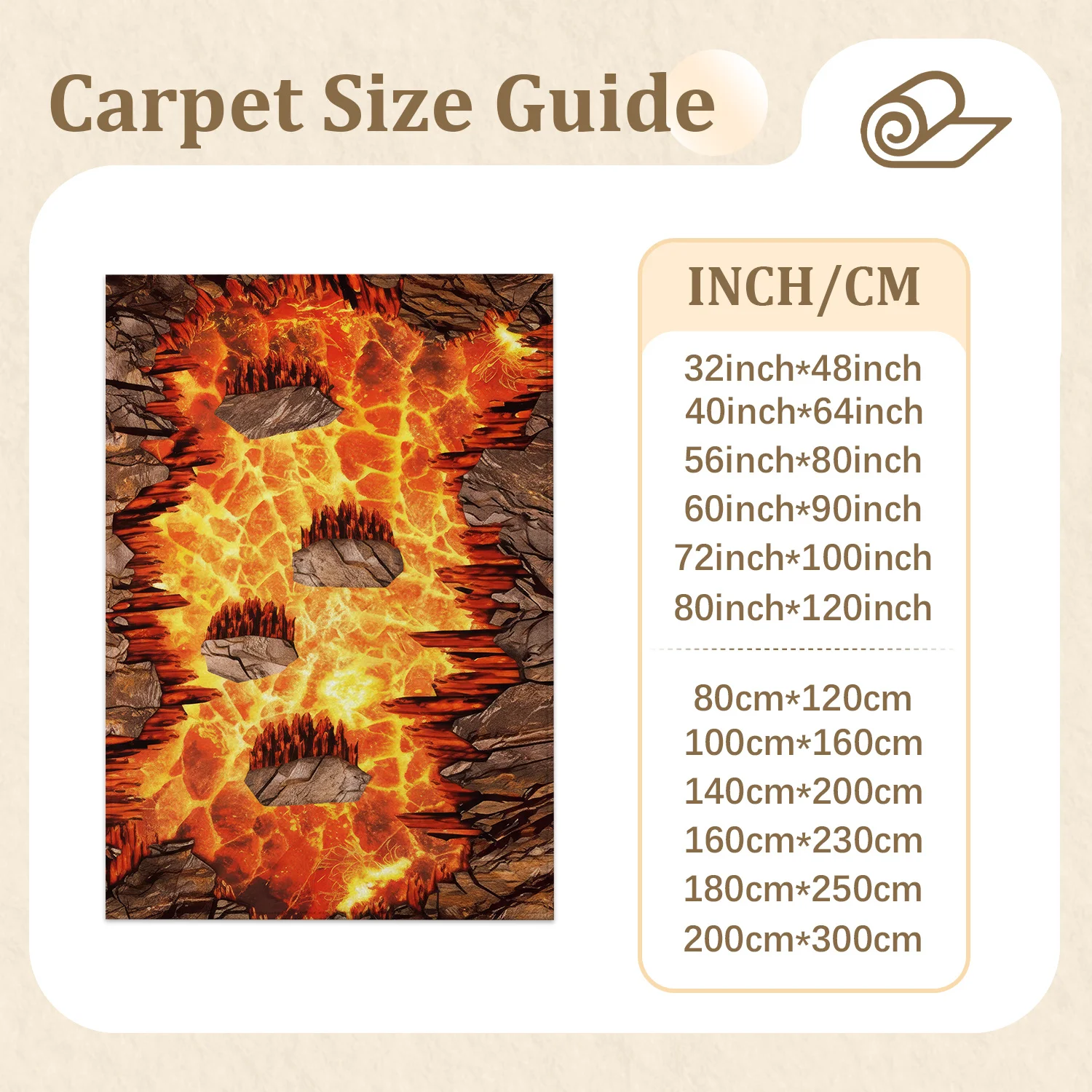 Large Indoor Area Rug, Soft Velvet Low Pile Non-slip Dotted Backing, Machine Washable, Fiery Volcanic Lava Cave Pattern Rug for Living Room Bedroom, Bold Orange Red Magma Rock Themed Home Decor Rug