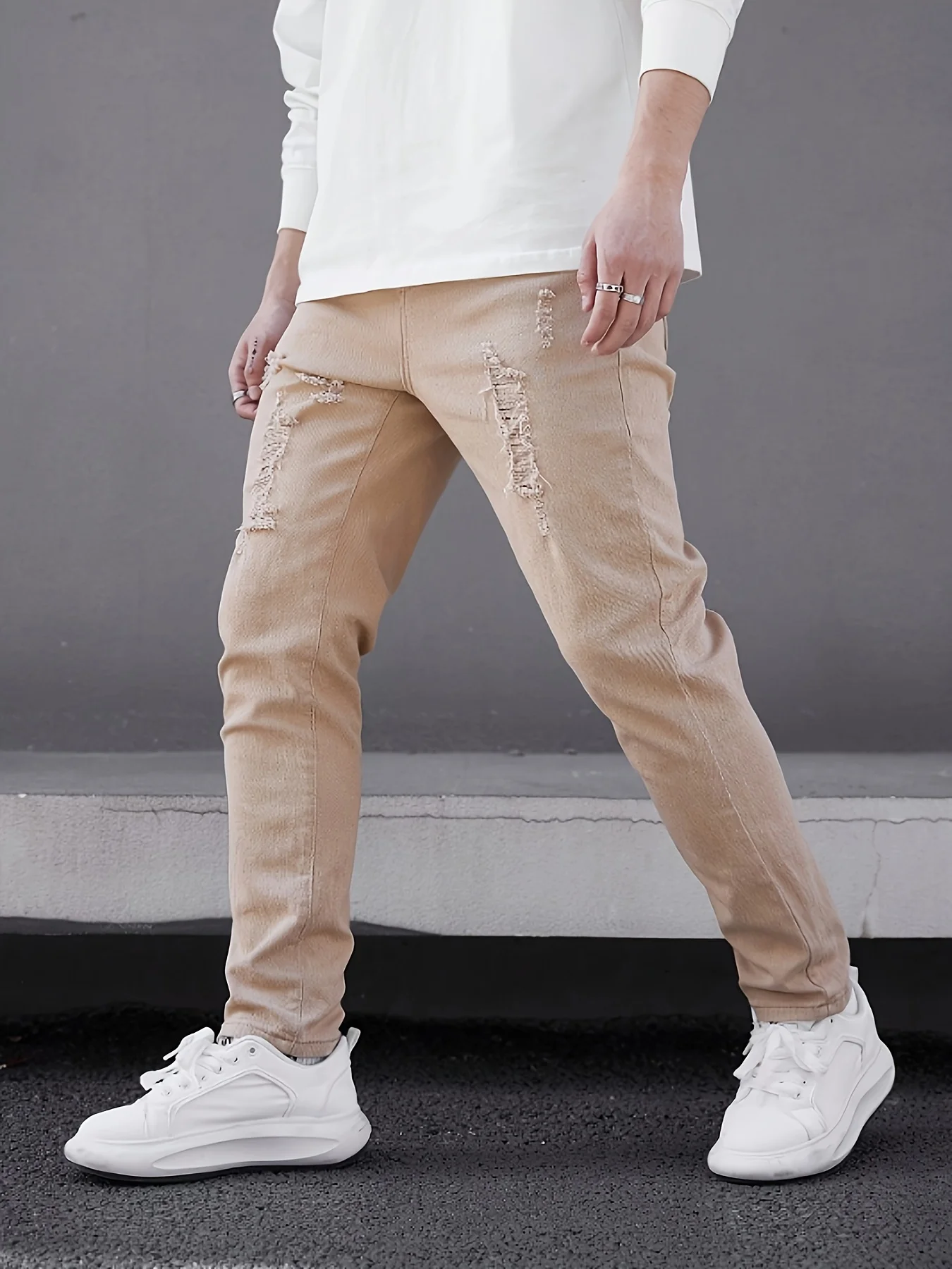 Casual herenjeans, geperforeerde kaki strakke denimbroek voor heren