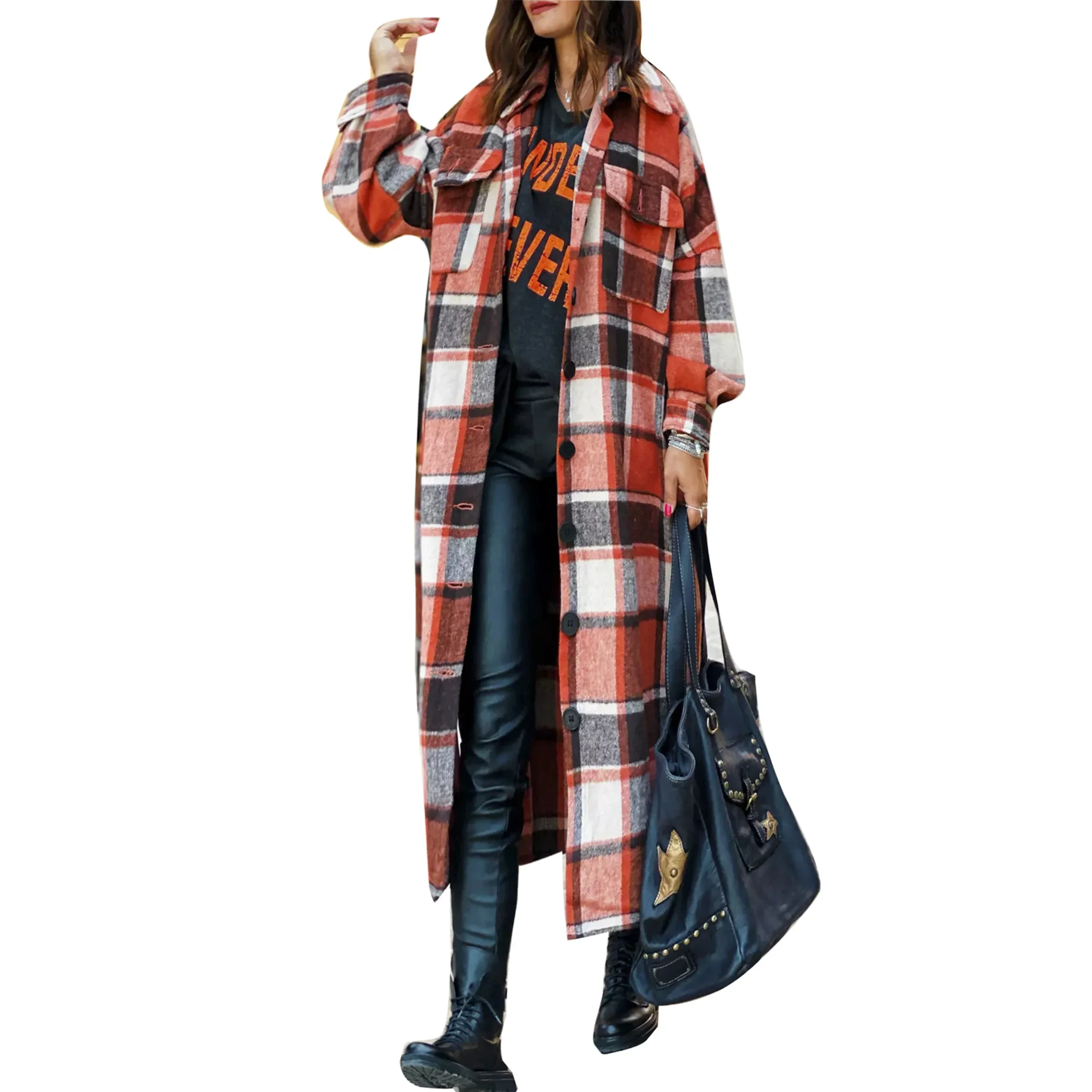 

High Quality New Autumn Overcoat Autumn Long Shirts Jackets Plaid Turn-Down Collar Long Sleeve Woolen Coat Women Outerwear 2024