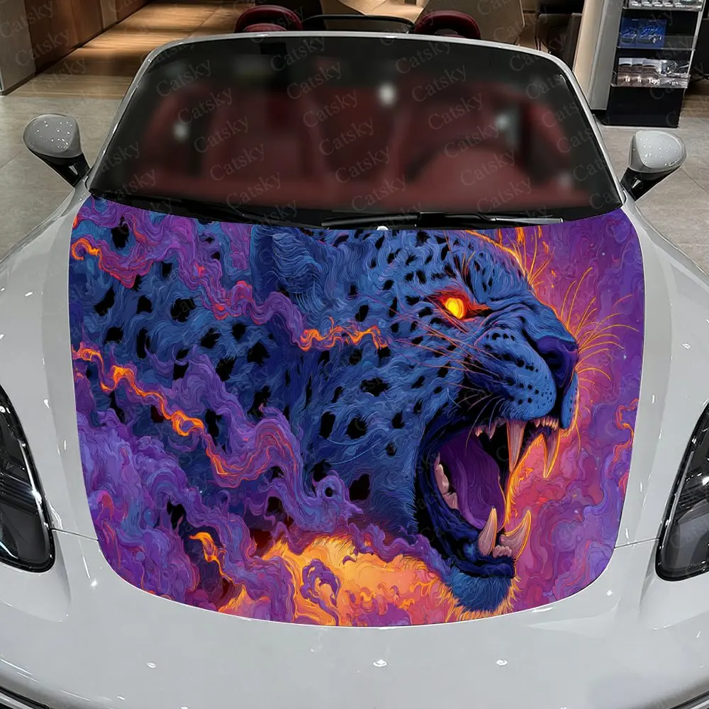 

Fearsome Fiery Leopard Car Hood Stickers - Self-Adhesive, Waterproof and Durable Vinyl Wrap, Decorate And Protect Your Car - The