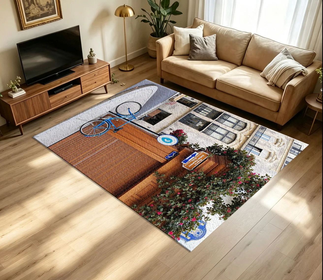 Paris Street Blue Bicycle European City View carpet flooring Urban Scenery Area Rug