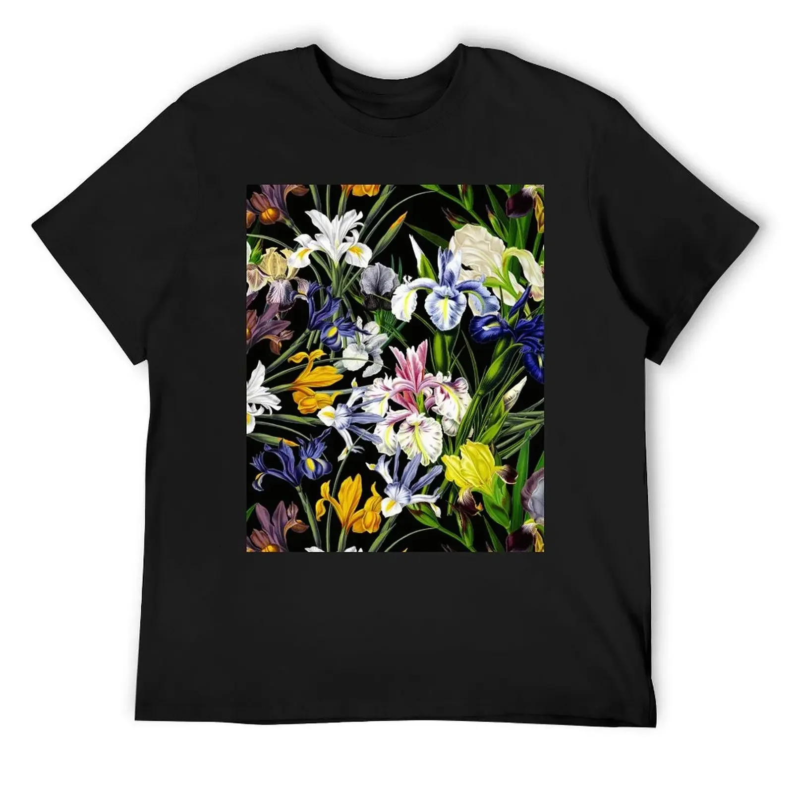 Victorian Iris Flower Pattern Botanical Night Garden on Black T-Shirt sublime heavyweights vintage t shirt men