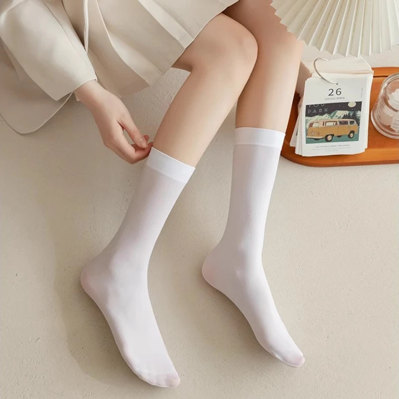 Kaus Kaki Wanita JK Warna Solid Kaus Kaki Setinggi Lutut Tipis Kaus Kaki Panjang Lolita Hitam Putih Lucu Stoking Cosplay Kawaii Anak Perempuan