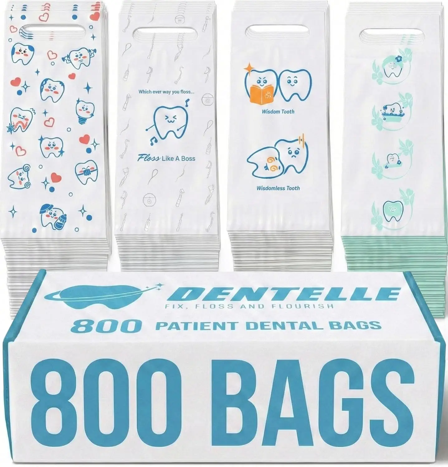 

800 Pack Dental Patient Bags in Four Designs, Kit-Ready for Clinics, Organized Take Home Bags for Daily Handoffs