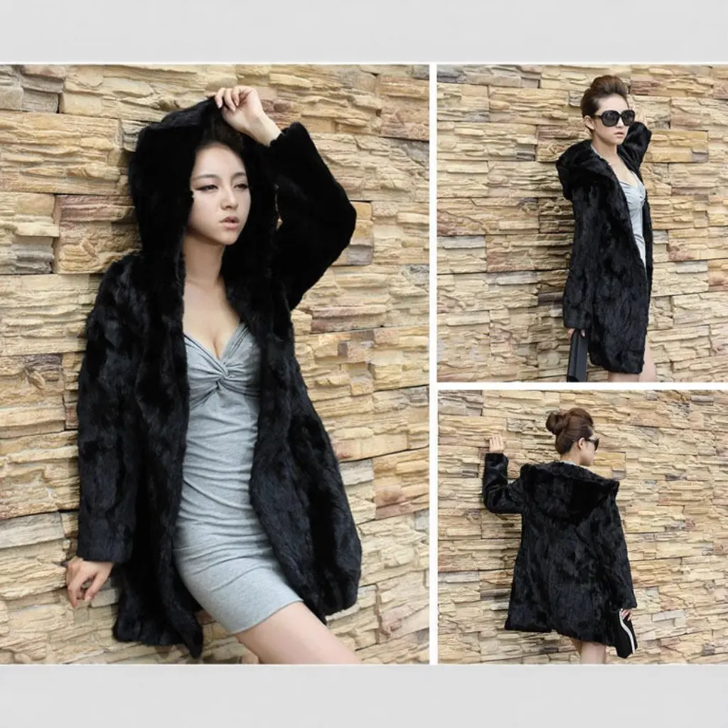 Nova jaqueta feminina de comprimento médio com capuz imitação de veludo de vison estilo coreano casaco de pele slim fit haining