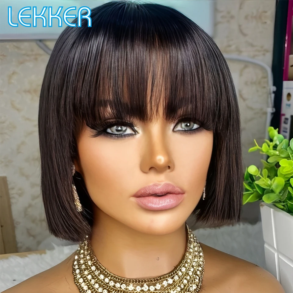 

Lekker Black Short Pixie Straight Bob With Bangs 100% Human Hair Wig For Women Brazilian Remy Hair Colored Full Machine Made Wig