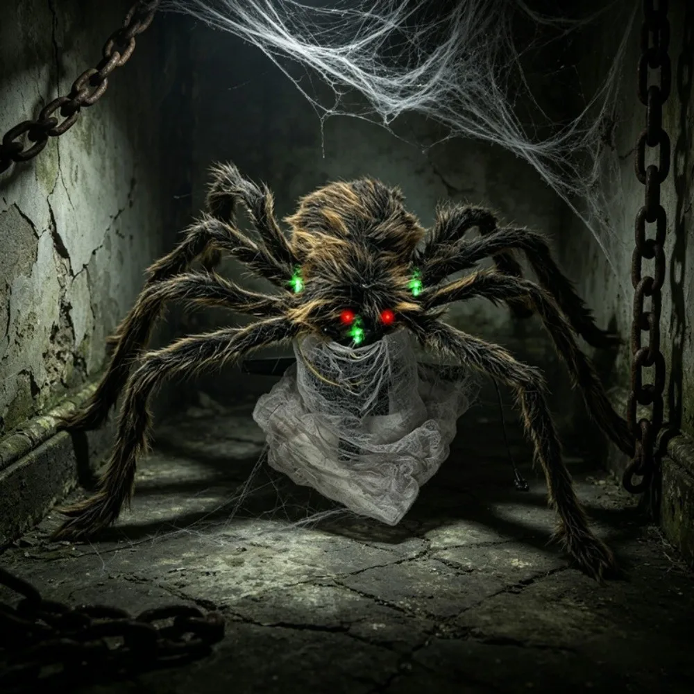 Ornaments Scary Halloween Giant Spider Bendable Legs Red Eyes Spider Realistic Artificial Spider Props Indoor Party