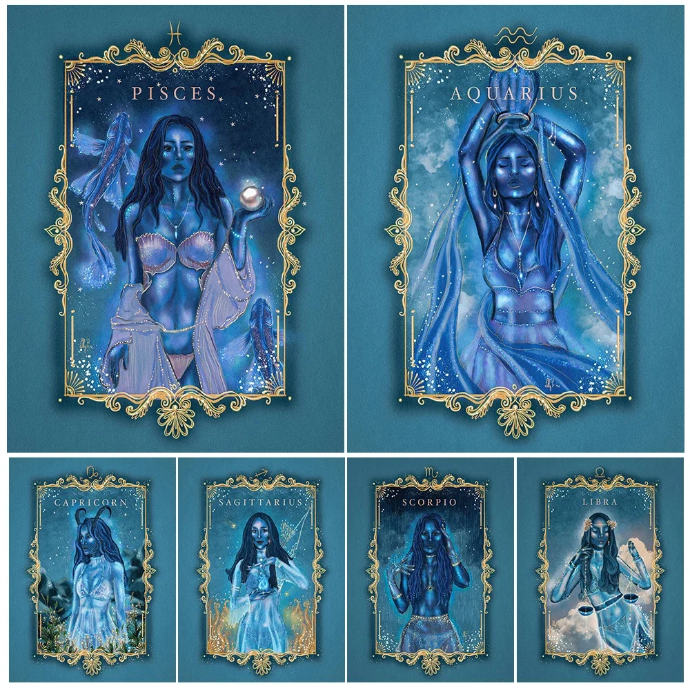 

Mysterious Magic Astrology Cards Art Poster And Print Zodiac Constellation Blue Dream Wall Art Canvas Painting Home Decoration