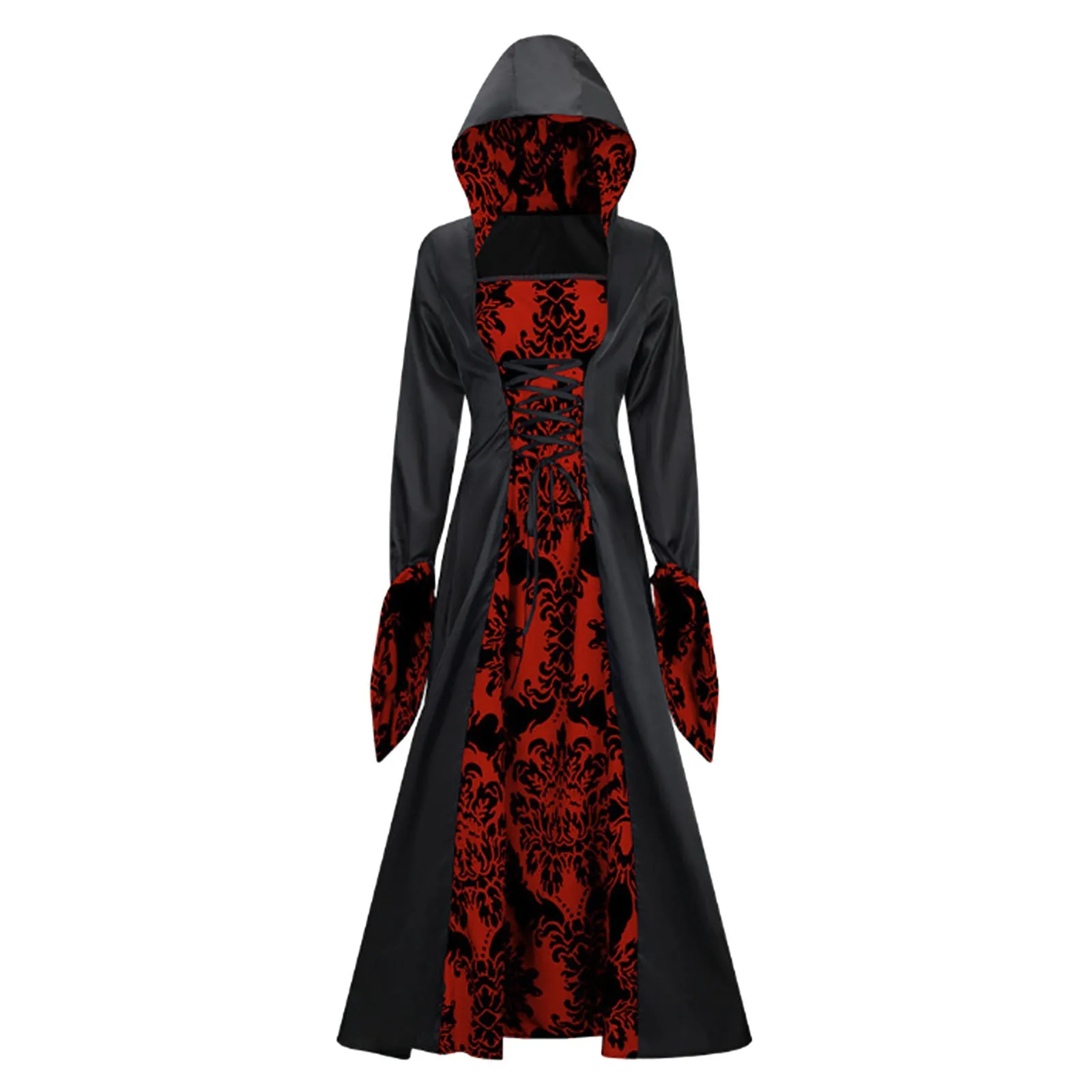 

Women'S Dinner Medieval Vintage Dress Print Artistic Long Sleeve Lace-Up Waist Dress Halloween Costume Big Swing Hooded Dress