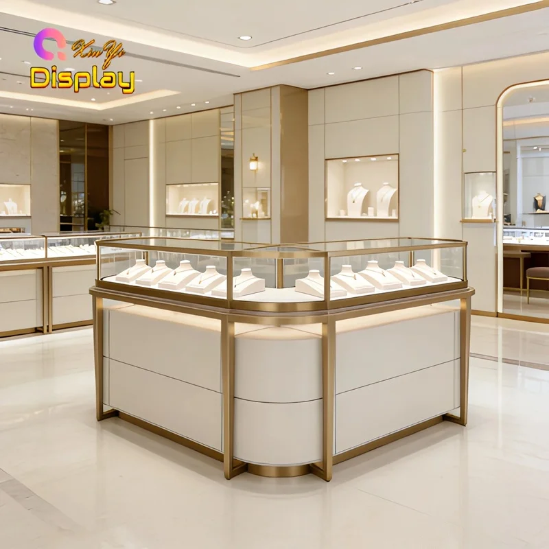 custom.Professional Jewelry Kiosk Stainless Steel Security Glass LED Eco-Friendly Luxury Shopping Mall Retail