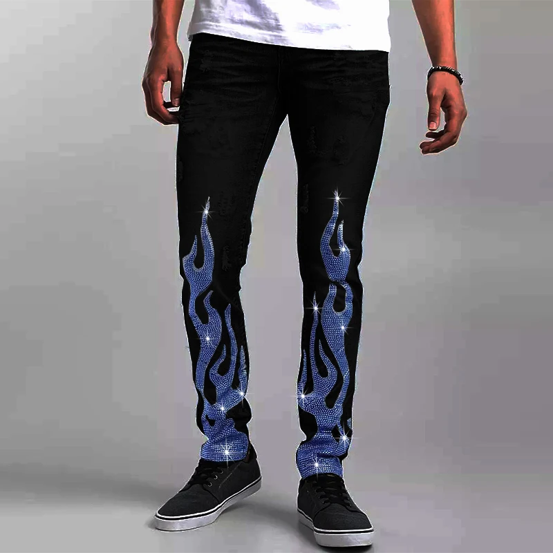 Rhinestone Hole Slim Fit Denim Pencil Jeans For Man Men's Stretchy Black Trousers Jogging Hot Drill Punk Streetwear Biker Pants