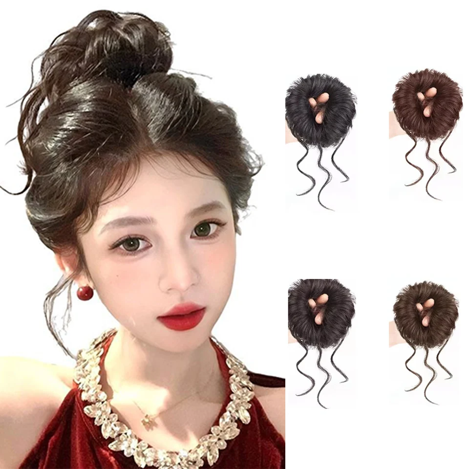 Synthetic Hair Bun Wig Ladies Ponytail Hair Extension Scrunchie Elastic Meatball Head Hairpieces Scrunchie Wrap Hair Rope ﻿