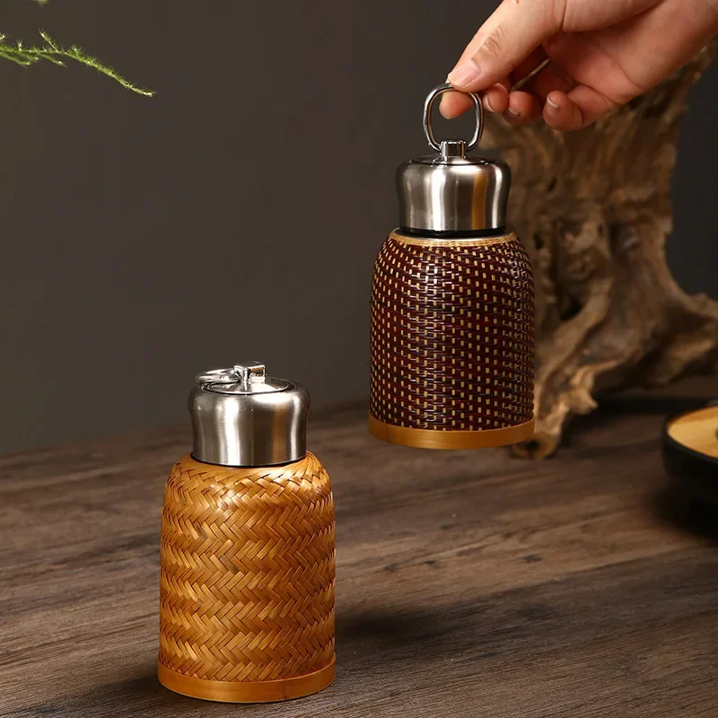 280ml Retro MINI Thermos Cup, with handle,Hand-woven Bamboo,Hot And Cold,Travel Tea Set, Portable Bamboo Button Porcelain Kettle