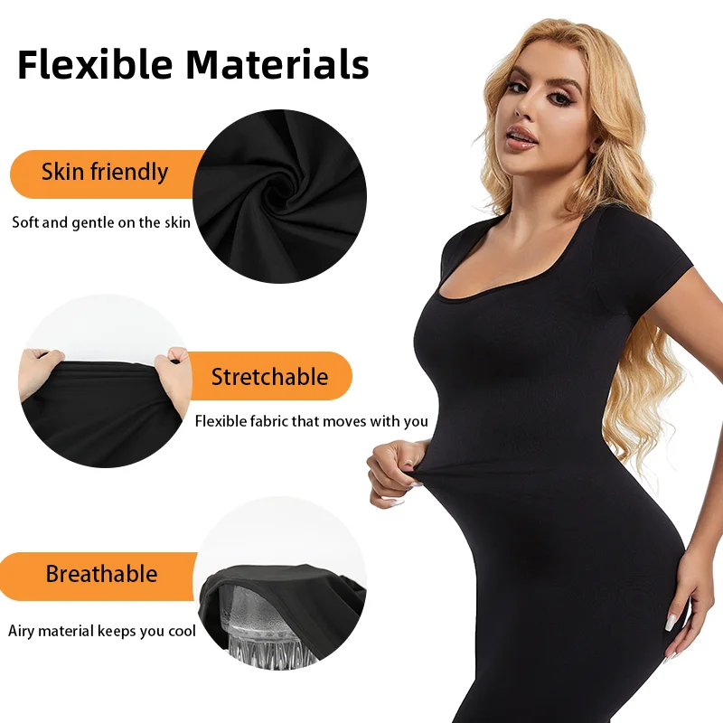 Women Seamless Dress Half-Sleeve Shapewear Skirt Tummy Control Butt Lifter Full Slips  Breathable Smooth Body Shaper